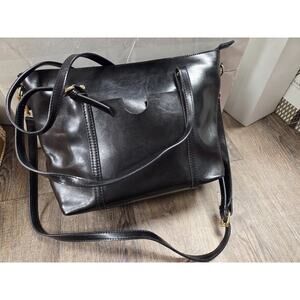 CLELO Vegan Black Leather Zip Top Purse Tote Shoulder Bag 14" Wide